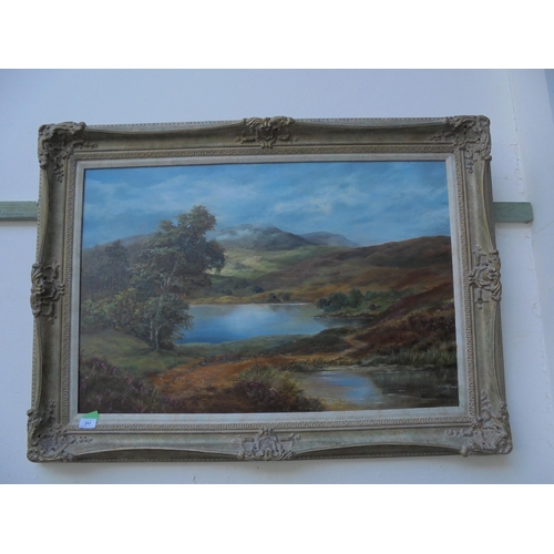 293 - Large nicely framed oil painting of Scottish Lake with mountains by Prudence Turner