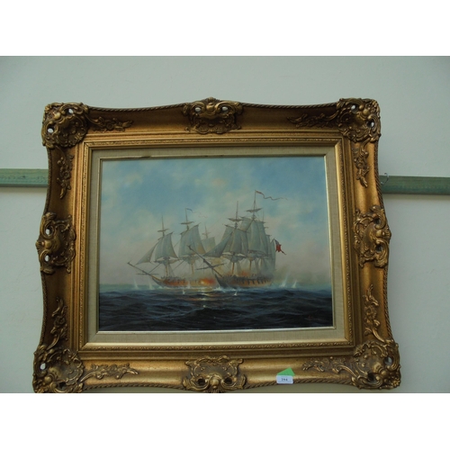 294 - Fine oil painting of Naval sailing ships in battle in large gilt frame by Donald McCloud