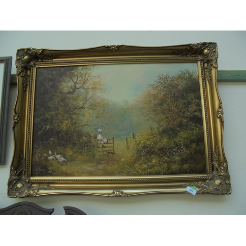 295 - Attractive large framed painting in heavy frame of girl in meadow with Geese by Les Parsons