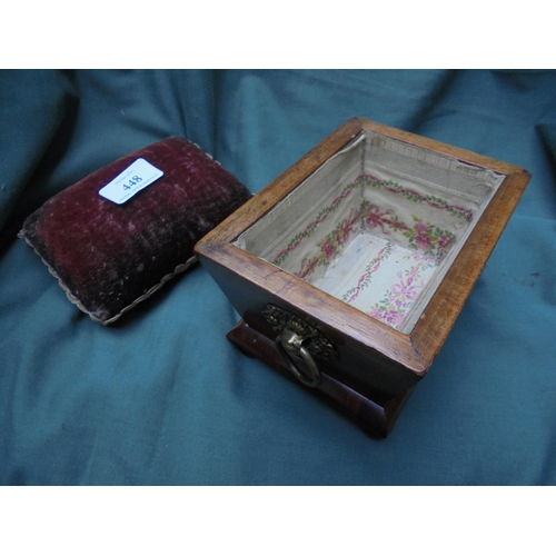 448 - Miniature wooden sewing casket with pin cushion top and original interior in the Regency style