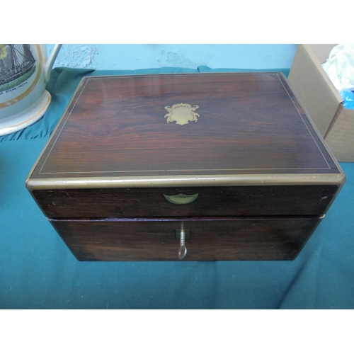 450 - Rosewood  ladies travelling box with fitted interior, various glass containers with metal lids, scis... 