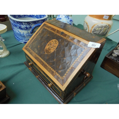 451 - Interesting miniature table top bureau in mixed woods, drop down leaf inset drawer and drawers to ba... 