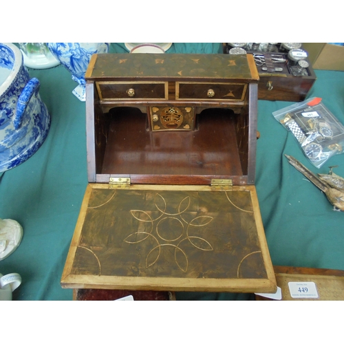 451 - Interesting miniature table top bureau in mixed woods, drop down leaf inset drawer and drawers to ba... 