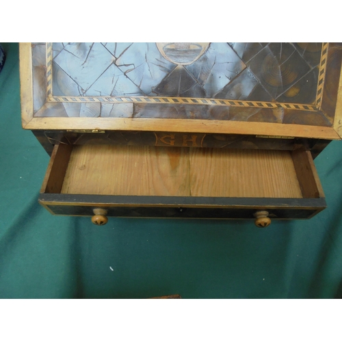 451 - Interesting miniature table top bureau in mixed woods, drop down leaf inset drawer and drawers to ba... 