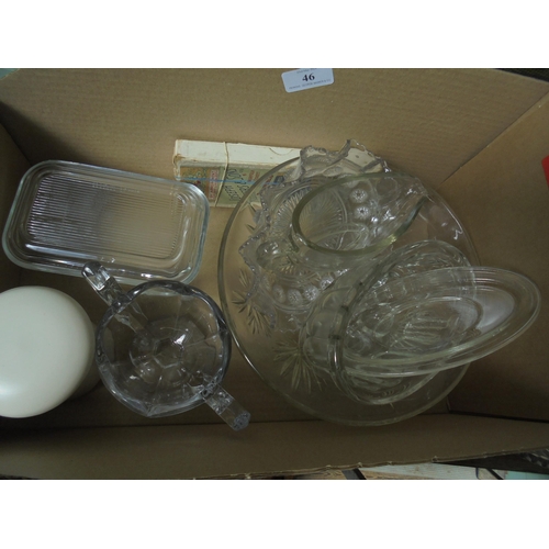 46 - Box containing variety of glassware including old jelly mould together with lidded pot and boxed set... 