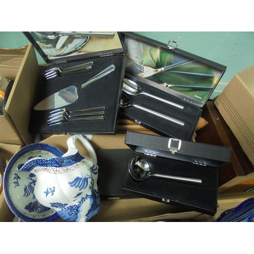 48 - Blue and white jug and bowl together with Scandinavian cutlery in presentation box marked Trento/Til... 