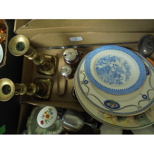 51 - 3 small Royal Doulton Lambeth ware cruets, 2 brass candlesticks, 2 Worcester and 2 Doulton plates