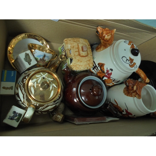 52 - Teapot and milk with hunting scene and fox head pourers, additional smaller teapots and others to in... 