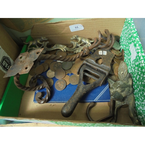 55 - Large selection of old pre-decimal coinage and brassware including large coat hook, trap and fox hea... 