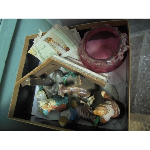 64 - Old vintage nativity scene, cranberry style glass pot and old Louth Land Agents calling cards