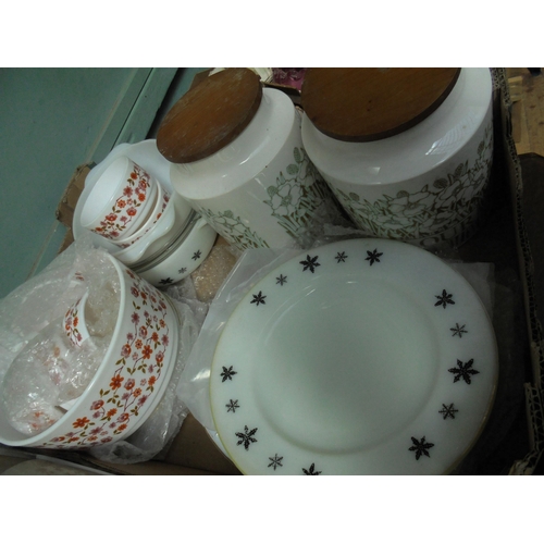 65 - Selection of vintage pyrex style casserole dishes, lidded flower and biscuit jars, plates and bowls