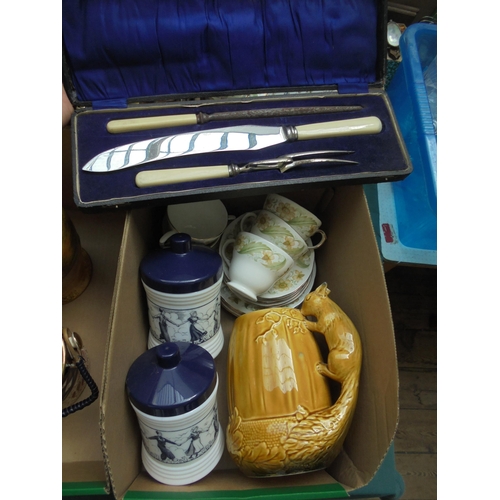 7 - 2 Lidded containers, small selection of Duchess bone china, carving knife and fork and Sylvac jug