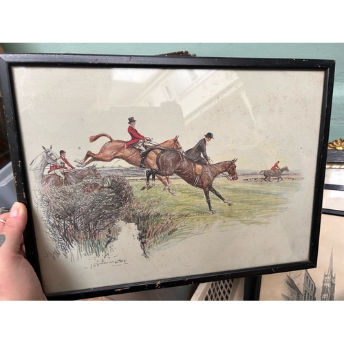 319 - 3 old framed pencil drawings of Louth church together with a framed hunting scene and small mirror