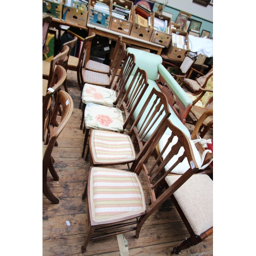 643 - Matching pair of 6 Edwardian dining chairs, fabric seating inlaid detailing