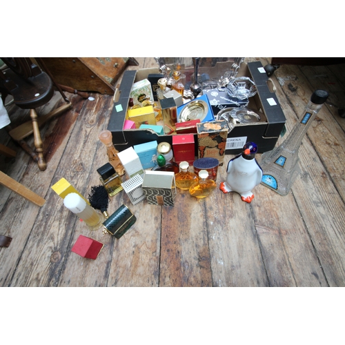 49 - Collection of original perfume bottles, other glassware and a silver plated salver