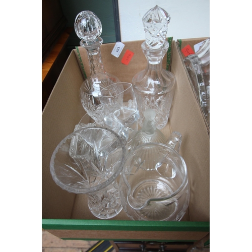 103 - BACK TABLE  Box of cut glass decanters, jugs and others