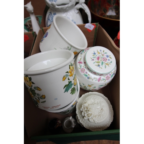 116 - Variety of Portmeirion decorated flower pots, plus ginger jar, lidded item and 2 small jugs