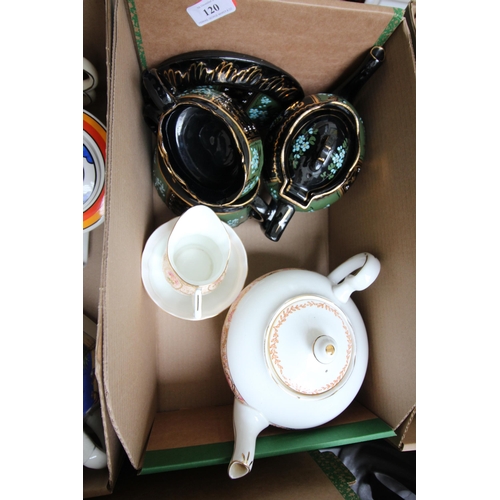 120 - Unusual lustre style teapot, milk jug, sugar bowl and stand marked with owners name 1906, together w... 