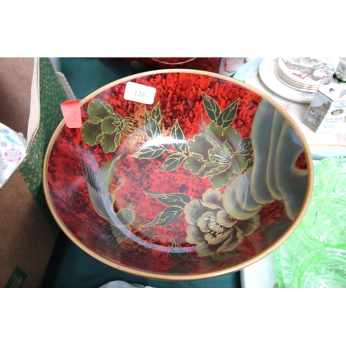 126 - Very attractive large deep coloured lustre styled bowl on wooden stand