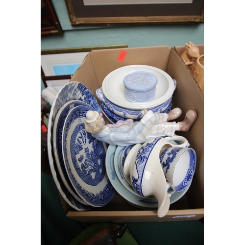 131 - Mixed box of blue and white ware, tureens, plates etc together with a porcelain model of a clown