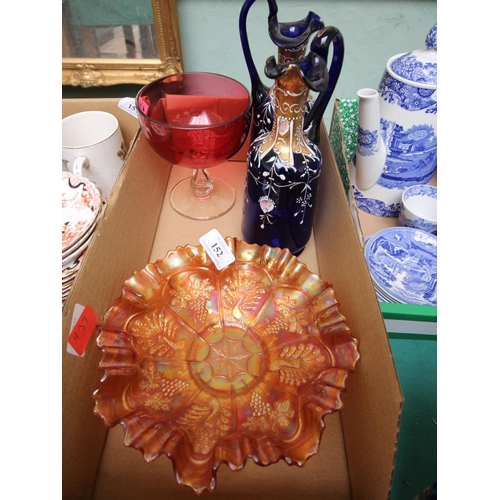 152 - 2 early Victorian Cross Pouring Jugs, Cranberry style glass, with American styled glass bowl