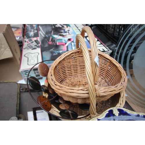 25 - Pair of wicker baskets and modern fruit bowl of glass and wire