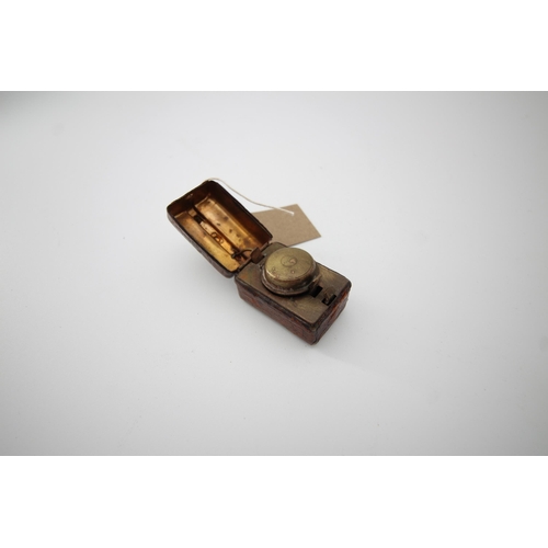 380 - Miniature travelling ink well in the shape of Gladstone bag, leather and brass