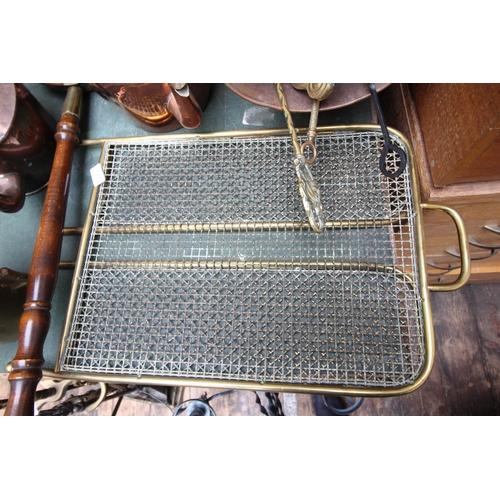 58 - Cooper coal scuttle with fireside implements, toasting fork and metal fireguard