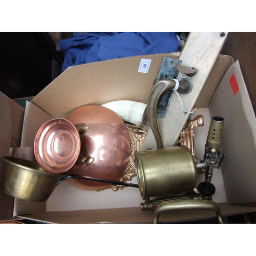 60 - Good selection of brass and copper items, including blow lamp, large door plate and latch, brass sau... 