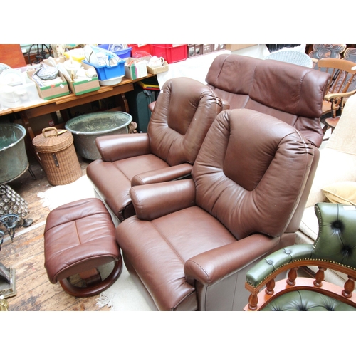 632 - Modern leather 3 piece suite in brown, reclining with matching footstool, being 2 seater settee and ... 