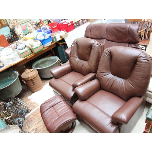 632 - Modern leather 3 piece suite in brown, reclining with matching footstool, being 2 seater settee and ... 