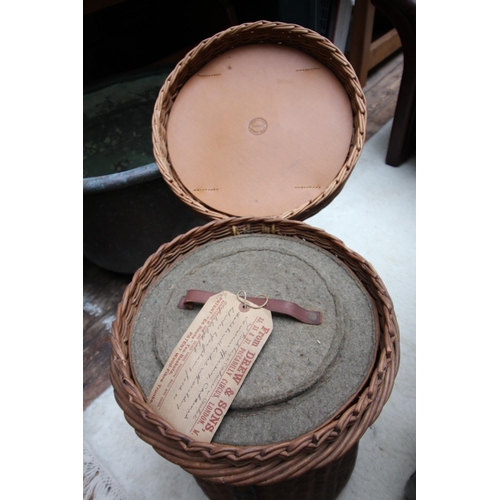 81 - Vintage Drew & Sons, Piccadilly, London wicker basket containing metal food warmers, possibly for fi... 