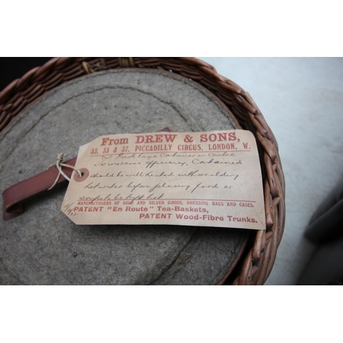 81 - Vintage Drew & Sons, Piccadilly, London wicker basket containing metal food warmers, possibly for fi... 