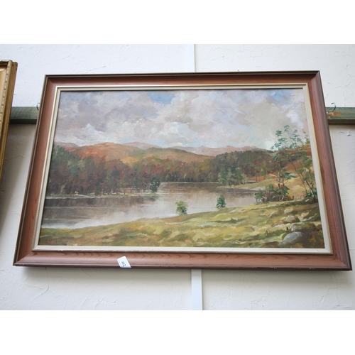 402 - Oil on canvas by R.M. Tomlinson, lakeside scene with mountains to rear