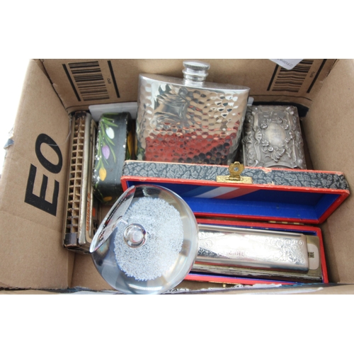 445 - Mixed lot - two Harmonicas metal hip flask, 2 further boxes and paperweight advertising Shell Extra