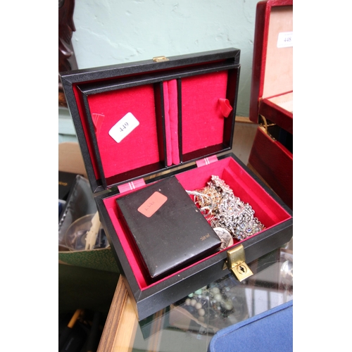 449 - Leather styled jewellery box with smaller internal box, and cosmetic jewellery