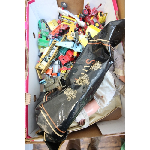 1180 - Collection of die-cast toys, all play worn, Dinky, Matchbox and others together with vintage doll fo... 