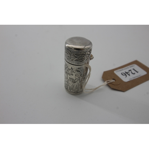 1246 - Silver Sampson and Mordan perfume bottle, decorative picture with Trespassers Beware