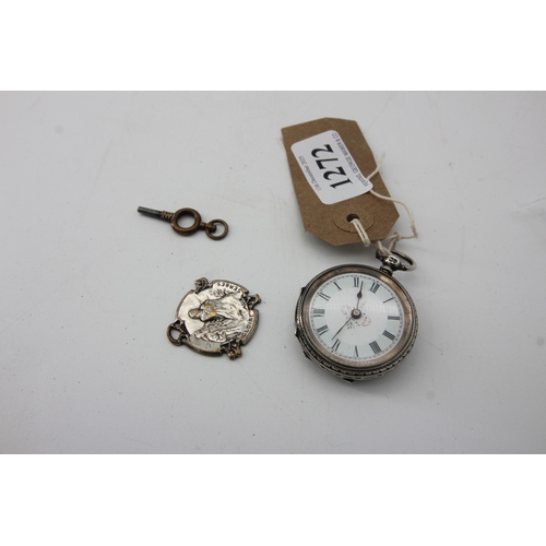 1272 - Delightful small ladies pocket watch London 1882 with key and French medallion