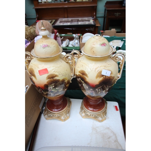 1 - Pair of Victorian lidded urns with village scenes