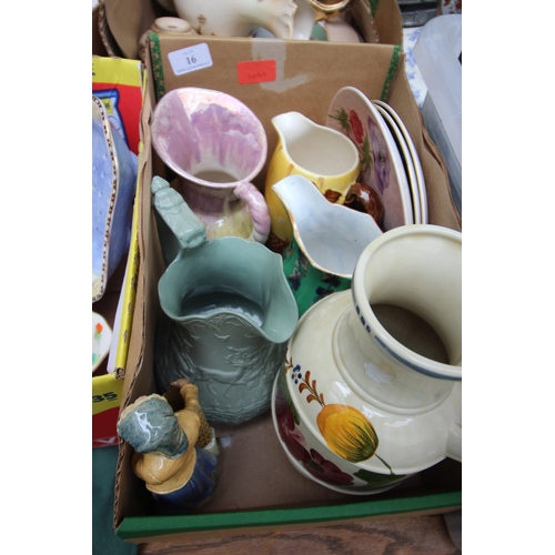 16 - Collection of vintage retro pouring jugs, vase, 3 plates and a figurine