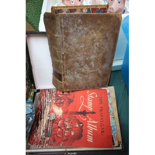 23 - Box containing variety of postage stamps and albums together with old leather Shakespeare book