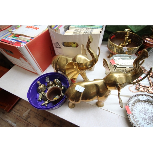 237 - Collection of brass ware, brass bells and 2 large brass ornamental elephants