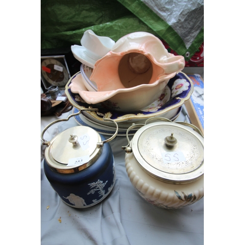 253 - Mixed lot of various china, toilet bowl, additional toilet bowl, meat trays and 2 biscuit barrels