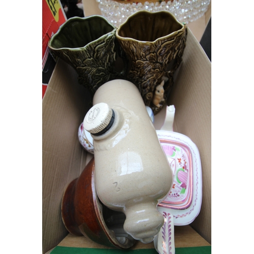 270 - 2 SILVAC vases, Victorian t-pot and milk jug, jelly moulds, DOULTON Lambeth stone hot water bottle a... 