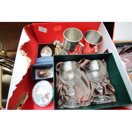 274 - Presentation box, 2 glass goblets together with a mixture of pewter and copper tankards, miniature o... 