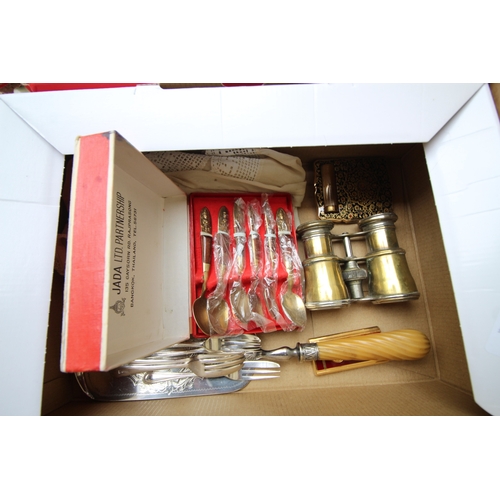 275 - Selection of silver plate RONSON cigarette lighter, Thai t-spoons, opera glasses, ladies compact inc... 