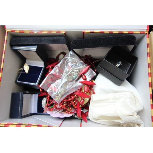 276 - Mixed box of cosmetic jewelry, bangles, necklaces, brooches, earrings etc