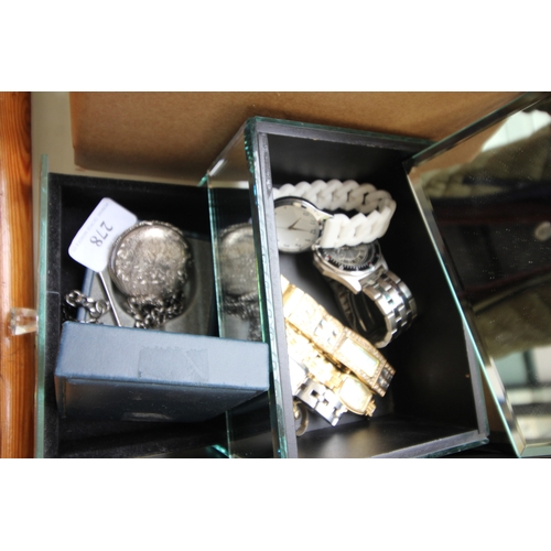 278 - Glass jewelry box containing modern designer type ladies watches and pocket watch