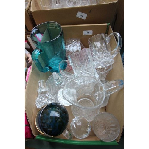 45 - Selection of cut glass items, jugs, tankards and bowls